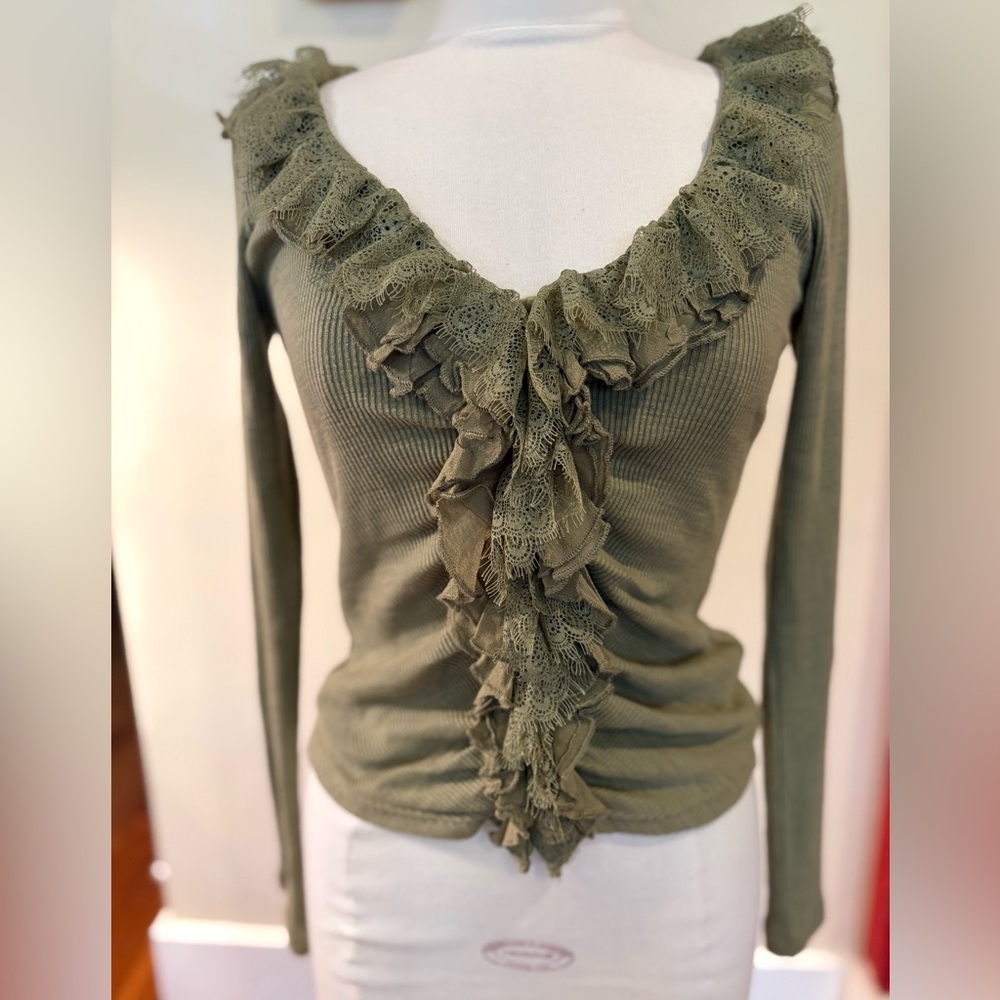 Anthropologie Light Olive Ribbed Lace-Trim Long Sleeve Top